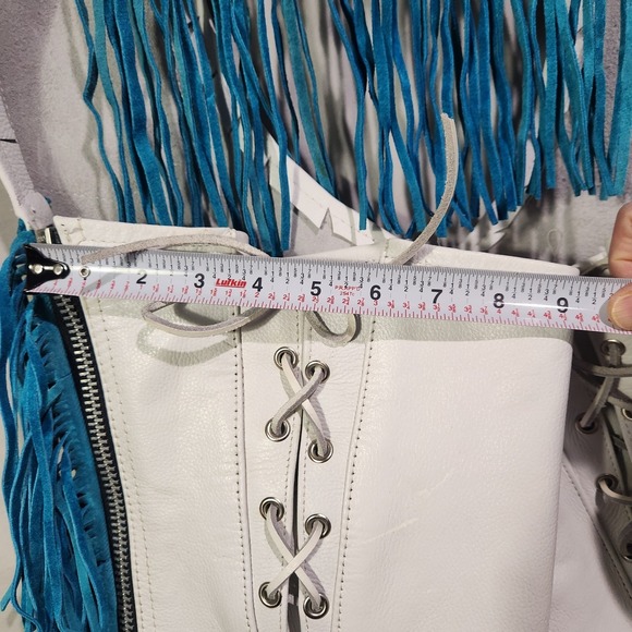 Leather King Western Biker Chaps White w Turquoise Fringe Small Side Zip NEW - Picture 8 of 9